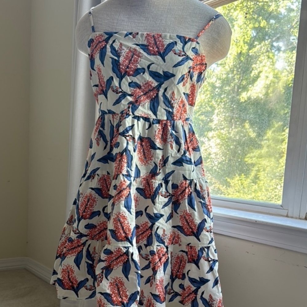 Floral Spaghetti-Strap Mini Dress in White with Coral and Navy Print